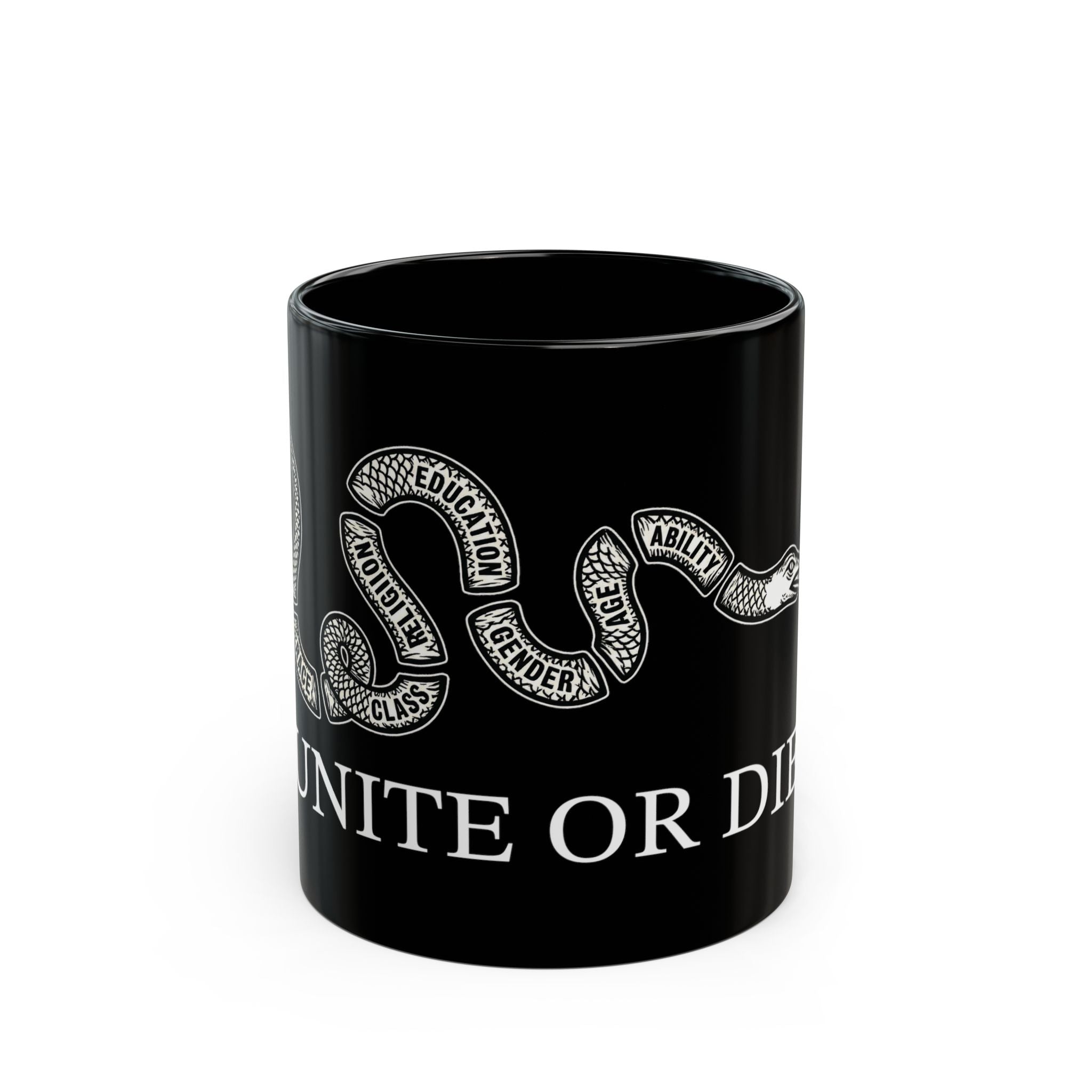 Unite or Die Snake Graphic Mug | Black Ceramic Coffee Mug